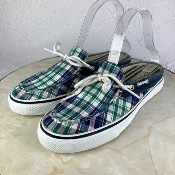 Sperry Top Sider Mules Womens Size 7.5 Green Blue Plaid Open Back Slides Shoes - Picture 5 of 11